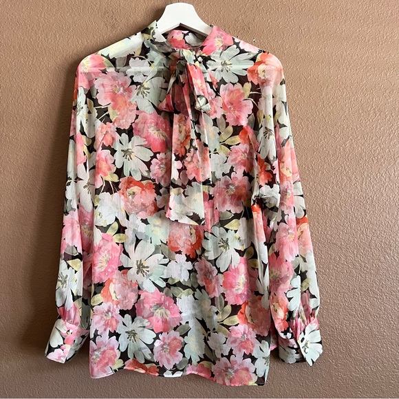 Zara Sheer Longe Sleeve Floral Back Tie Blouse Size XL - Picture 9 of 10